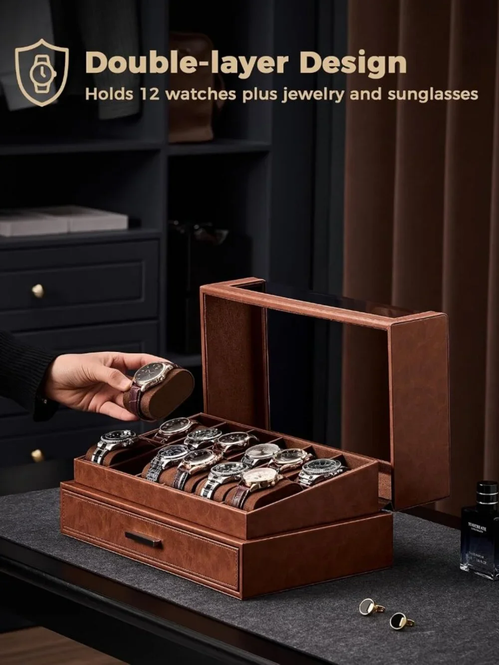 12-Slot Men's Watch Display Box - Elegant Brown Storage Case for Watches